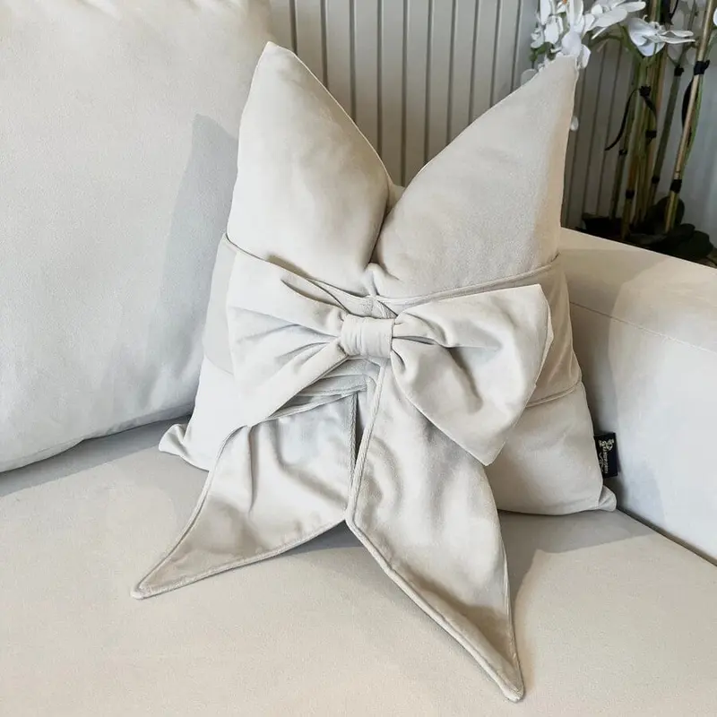 Erina Cream Velvet Decorative Bow Cushion - 45x45cm