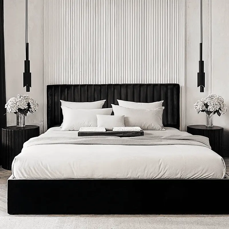 Harriet Low Black Velvet Channelled Ottoman Bed