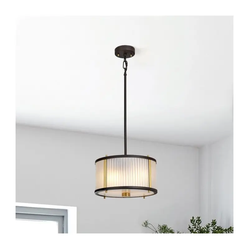 Maria Dark Brown & Brass Ribbed Glass 2 Light Pendant Ceiling Light