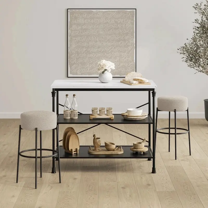 Mariah Beige Boucle Round Bar Stool with Black Legs