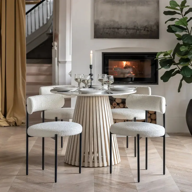 Tova Whitewash Slatted Wood Round Dining Table with Marble Top
