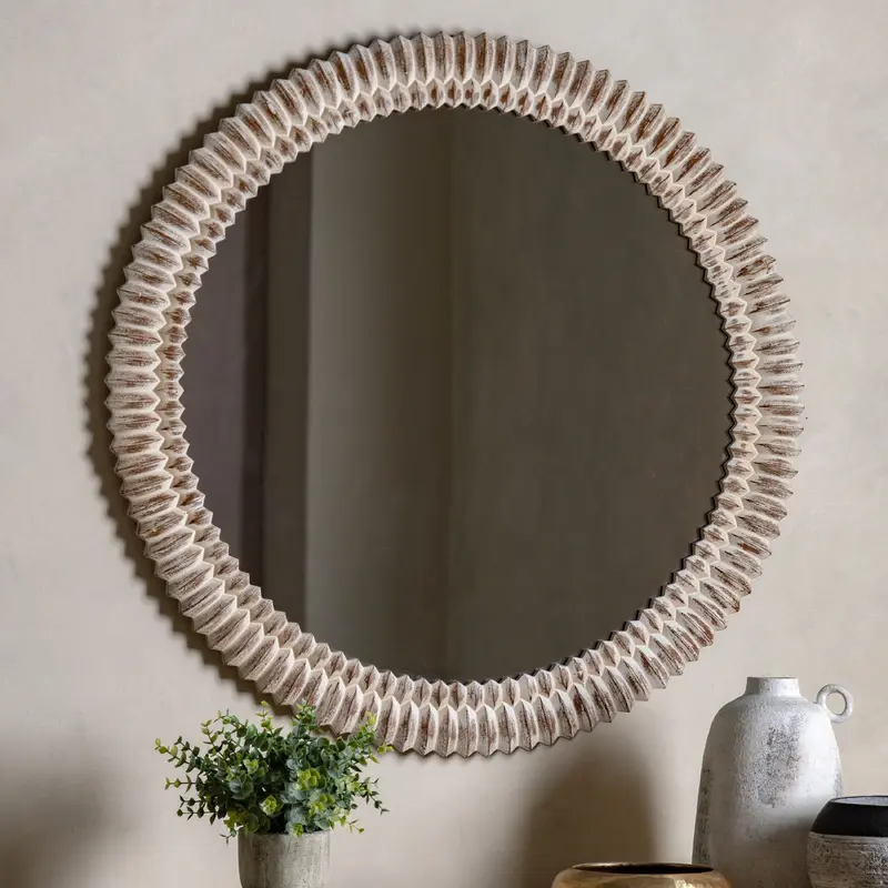 Agara Round White Wash Distressed Textured Mirror