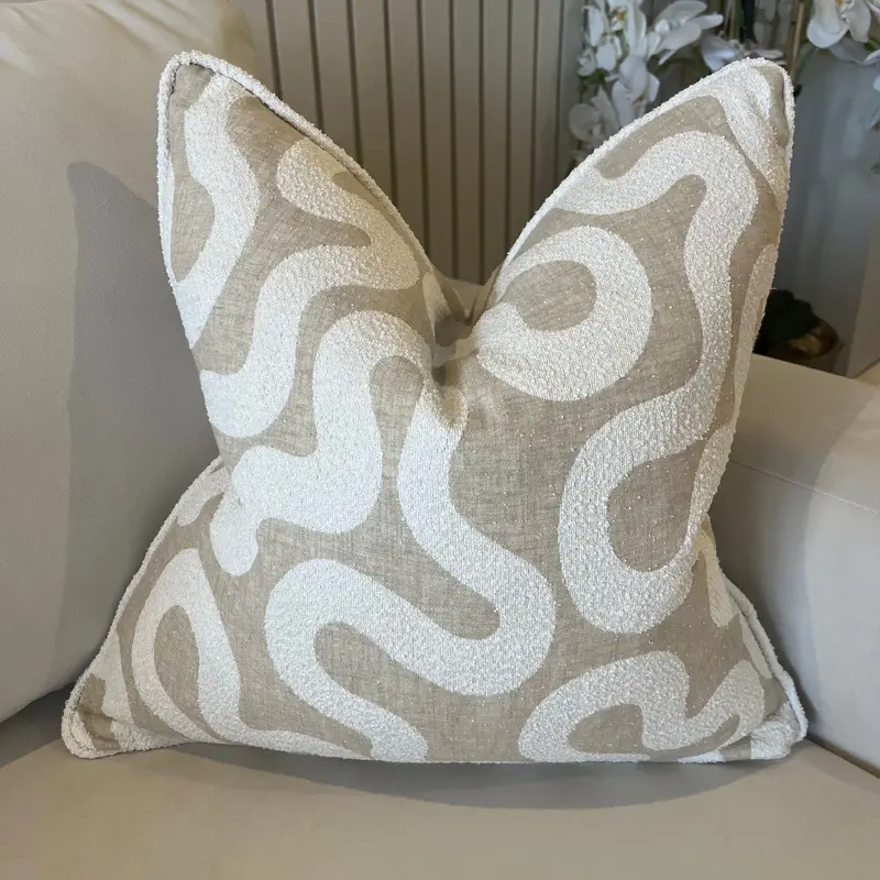 Amberlyn Luxury Beige & Cream Boucle Squiggle Piped Cushion - 50x50cm