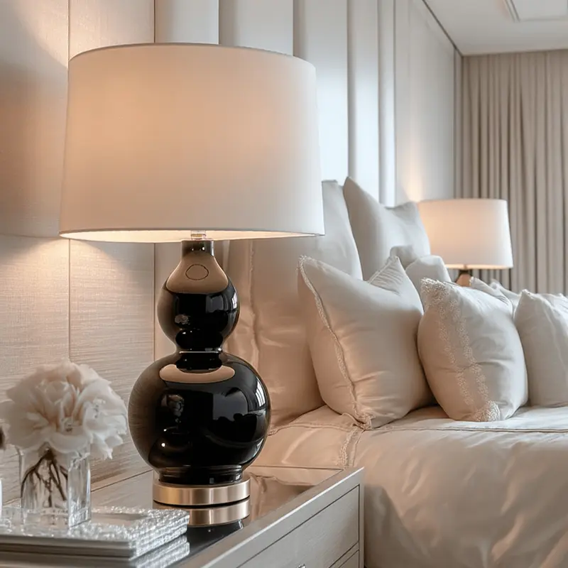 Corella Black Curved Ceramic Table Lamp with Gold Base & White Shade