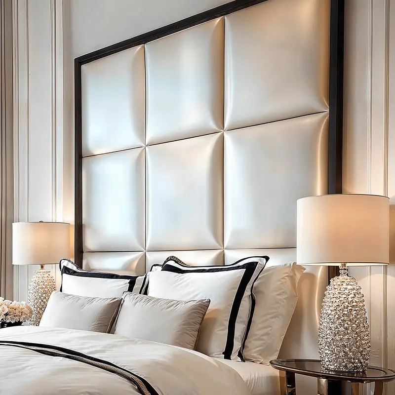 Dream Luxury Vanilla Satin Squares Headboard with Black Wooden Frame