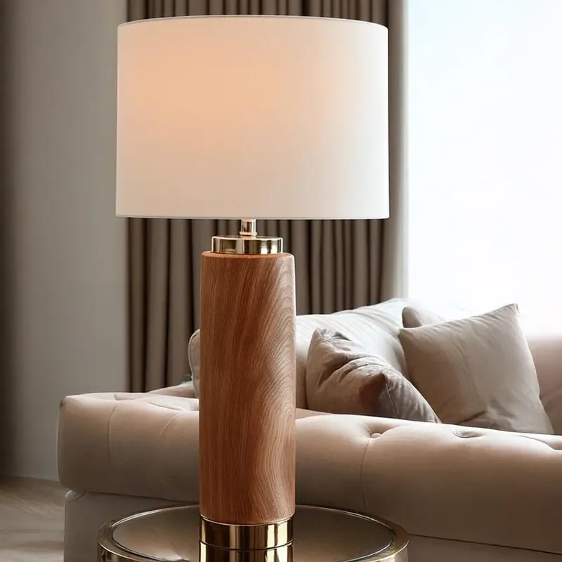 Ella Wood Effect Tall Ceramic Table Lamp with White Shade