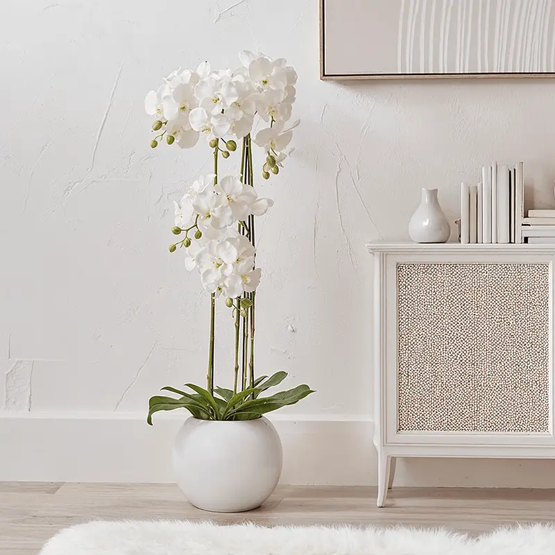 Floor Standing White Faux Potted Orchid Decorative Floral