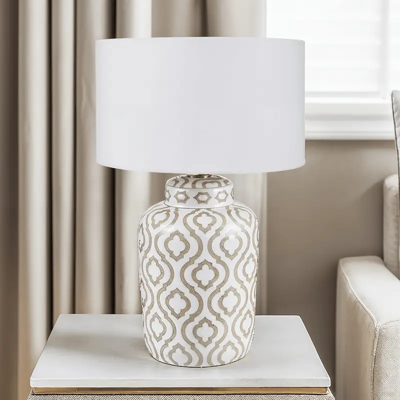 Gatsby Taupe & White Patterned Ceramic Table Lamp with White Shade
