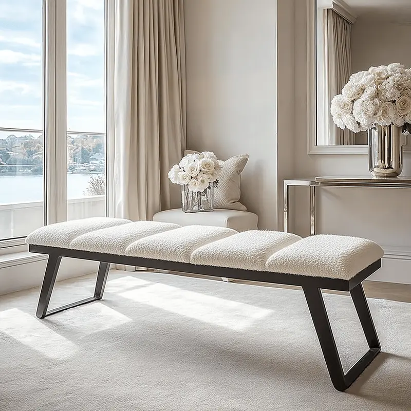 Henley Luxury Cream Boucle Channelled Bench with Black Legs