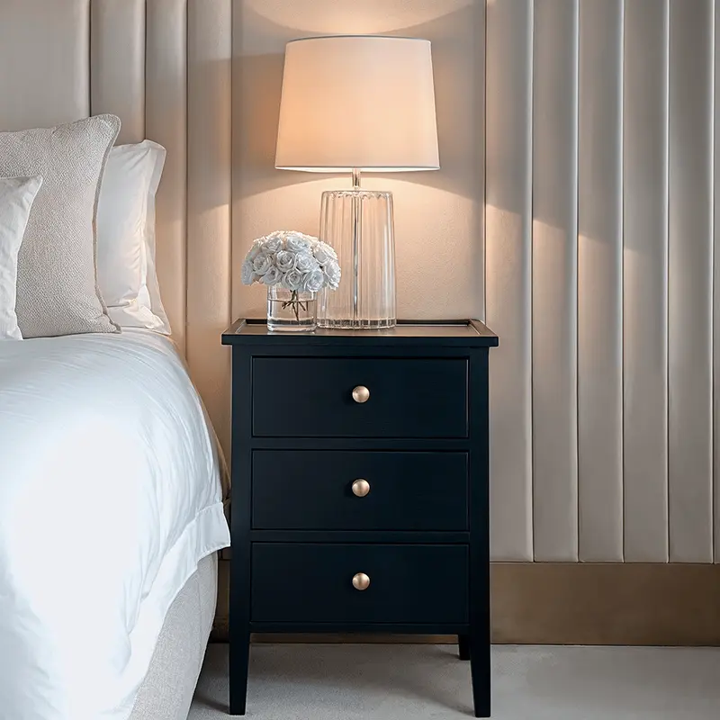 Henrik Black 3 Drawer Bedside Table with Gold Handles