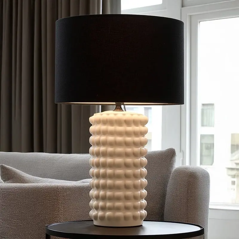 Mia White Bobbled Ceramic Table Lamp with Black Shade
