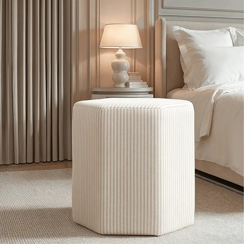Rhodes Beige Pinstripe Hexagonal Decorative Stool