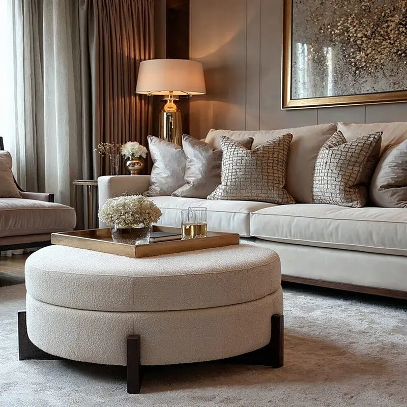 Richmond Neutral Boucle Round Storage Footstool with Walnut Detailing