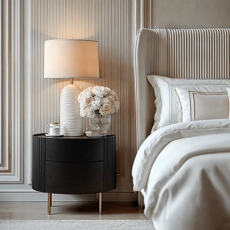 Tia Ribbed Rounded Black 2 Drawer Bedside Table with Gold Legs