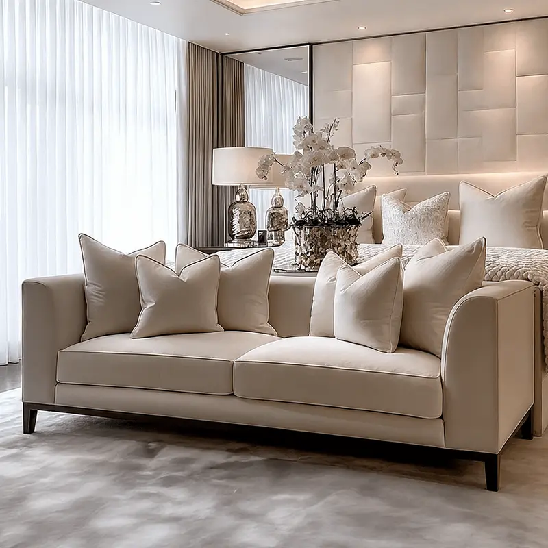 Timeless Cream Velvet 3 Seater Pillowback Sofa, With Black Wooden Plinth