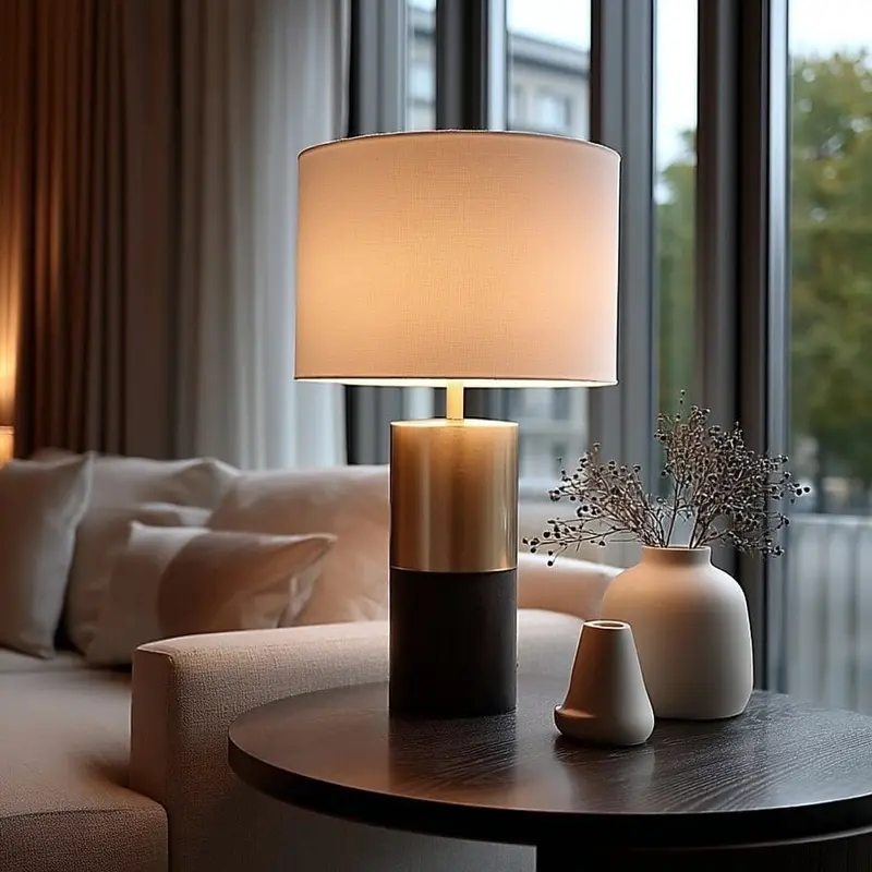 Turi Dark Wood & Gold Metal Table Lamp with White Shade