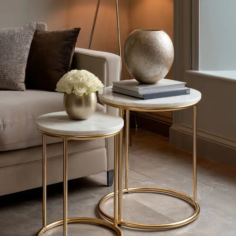 Verona White & Gold Round Set of 2 Side Tables