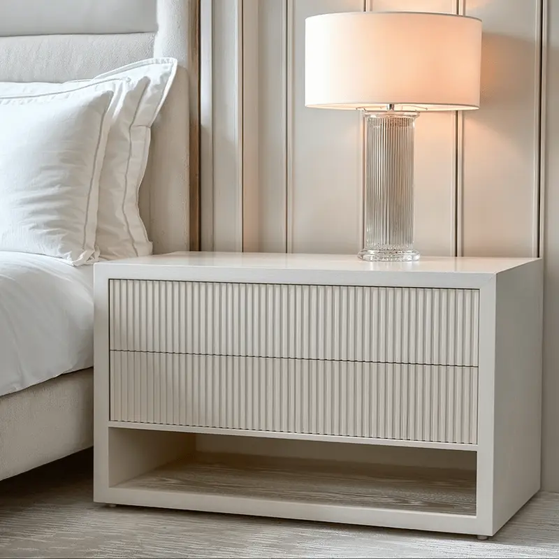 Alviana White Ribbed XL Double Width Bedside Table