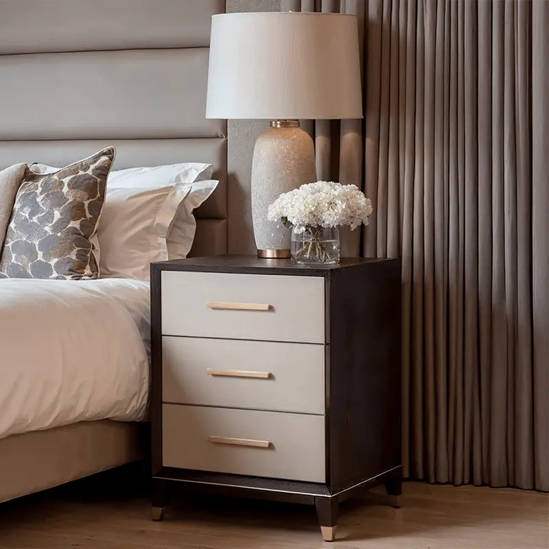 Amora Dark Wood 3 Drawer Bedside Table with Brass Details