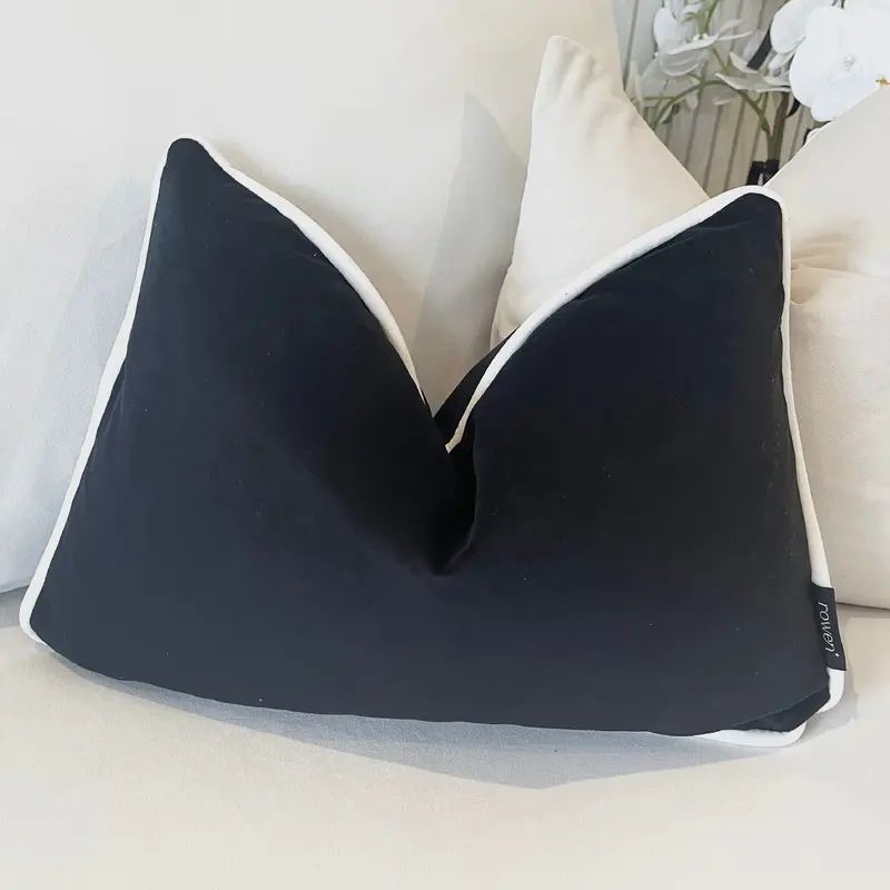 Ari Black Velvet Bolster Cushion with Cream Piping - 35 x 50cm