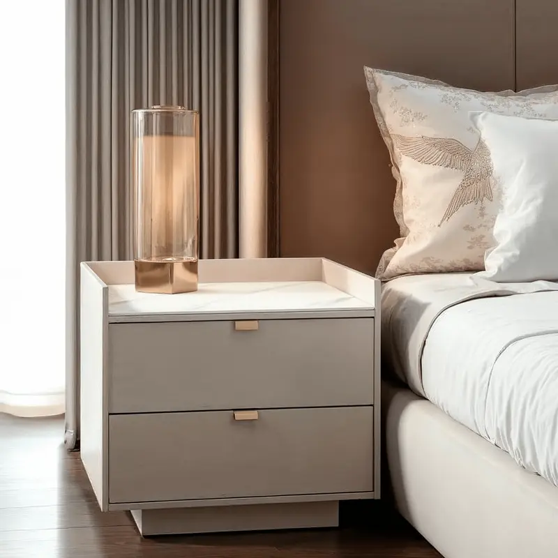 Cyra Beige 2 Drawer Bedside Table with Marble Top