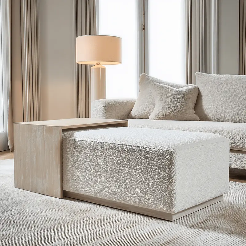Emska Cream Boucle Footstool with Light Oak Table