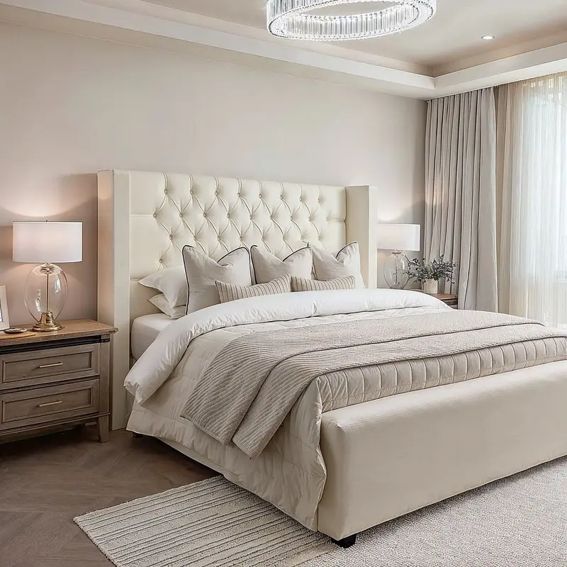 Harper Classic Luxury Ivory Textured Buttoned Winged Chunky Ottoman Storage Bed