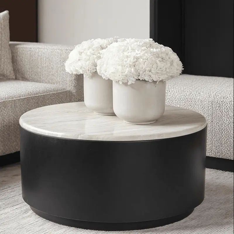 Keziah Black Round Storage Coffee Table with Faux White Marble Top