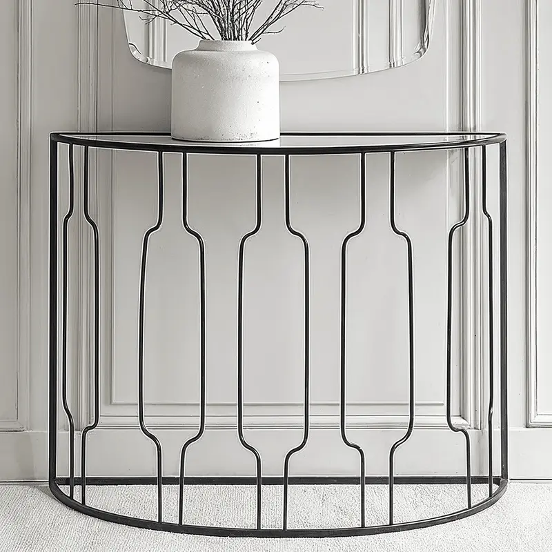 Lorenza Black Metal Half Moon Console Table with Mirrored Top