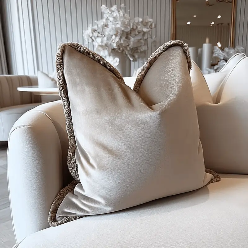 Sinad Taupe Velvet Cushion with Fringe Detailing - 45x45cm