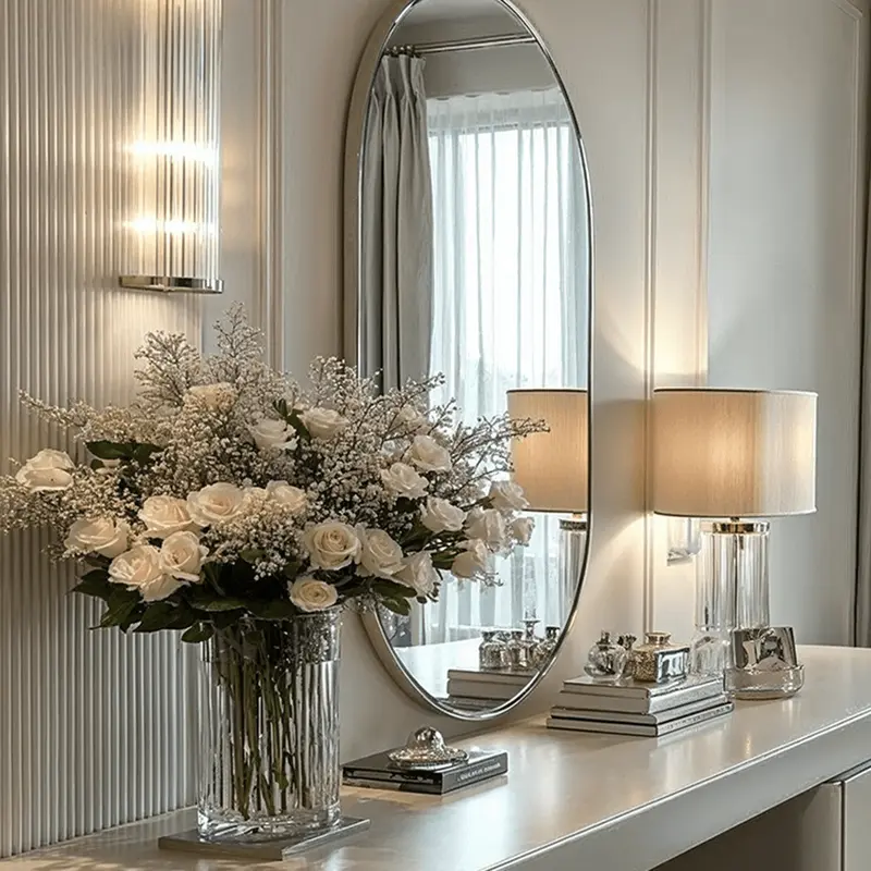 Siona Silver Metal Slim Frame Oval Wall Mirror