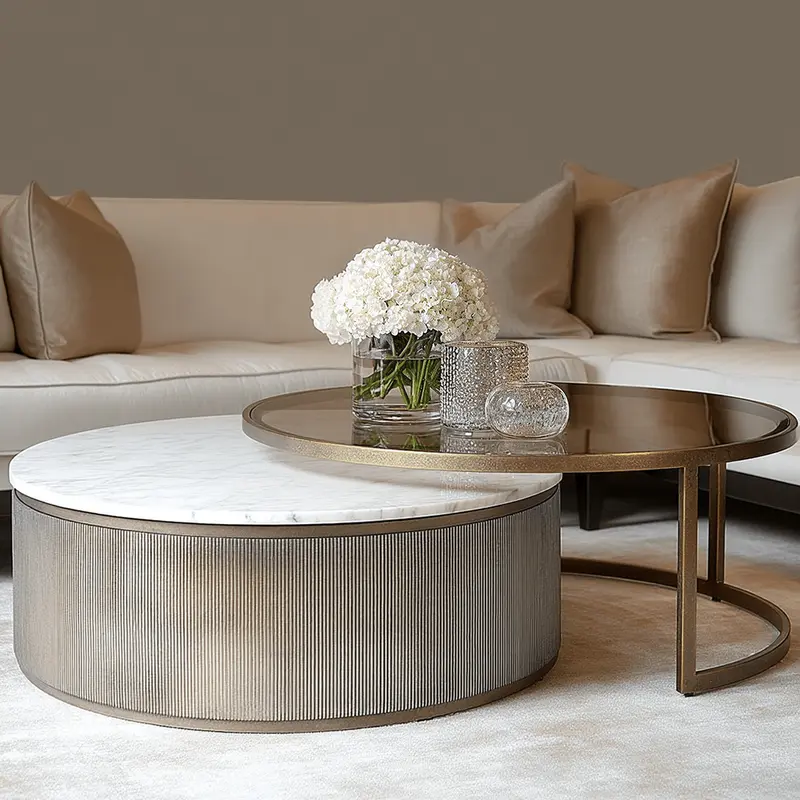 Sovana Antique Brass Nesting Coffee Tables with Marble and Glass Top