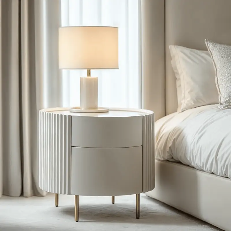 Tia Ribbed Rounded Beige 2 Drawer Bedside Table with Gold Legs