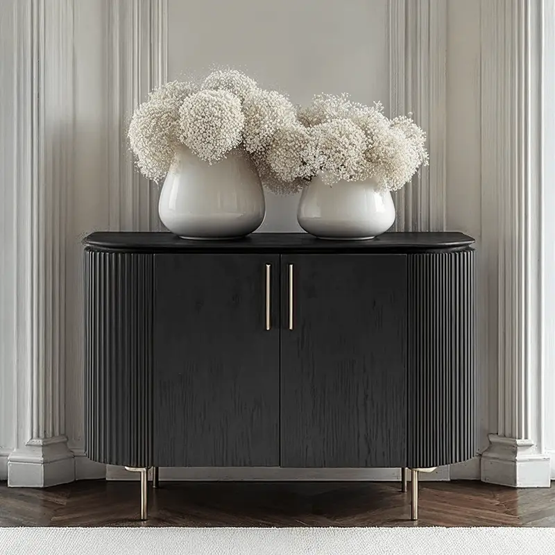 Tia Ribbed Rounded Black 2 Door Sideboard with Gold Legs