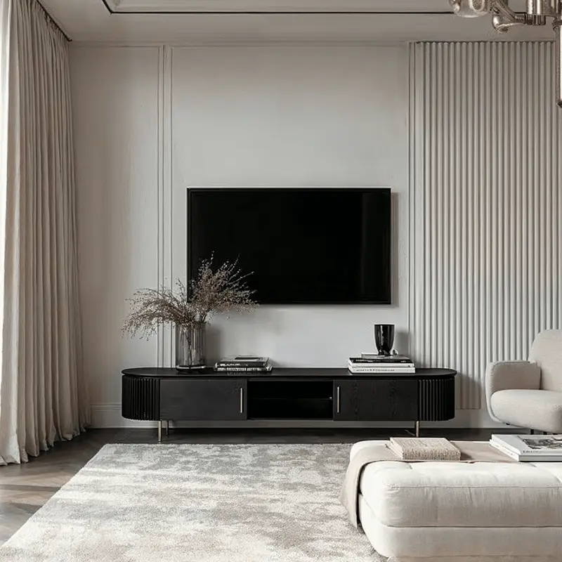 Tia Ribbed Rounded Black Media Unit with Gold Legs