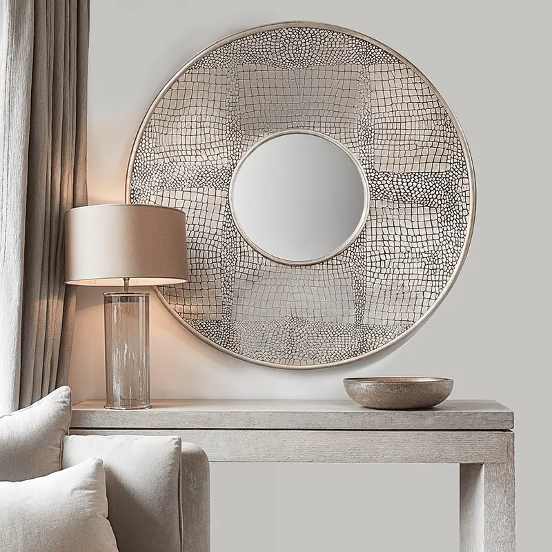 Vali Antique Silver Croc Effect Round Wall Mirror