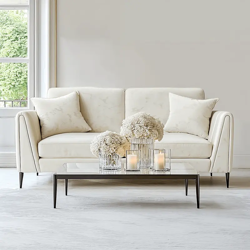 Alaina Cream Velvet 3 Seater Sofa with Black Legs