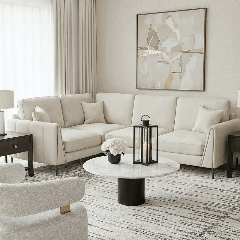 Alaina Cream Velvet Left Hand Facing Corner Sofa with Black Legs