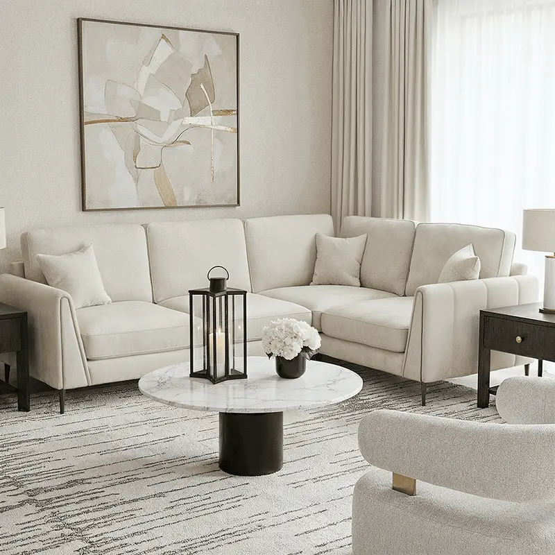 Alaina Cream Velvet Right Hand Facing Corner Sofa with Black Legs