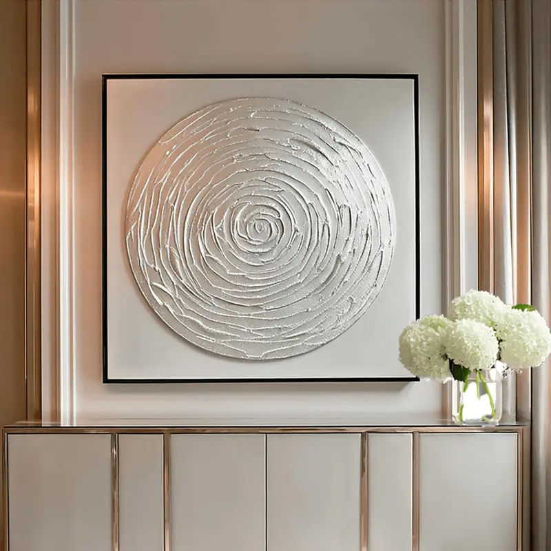 Astratto Silver Textured Circle Canvas Wall Art with Black Frame