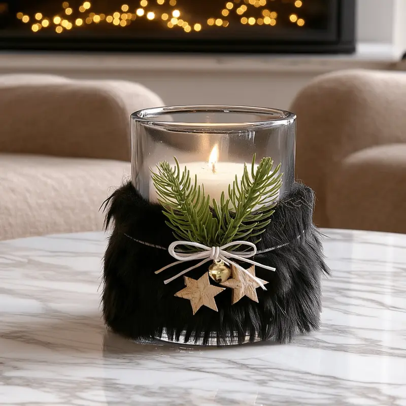 Avery Black Feathered Festive Glass Candle Holder
