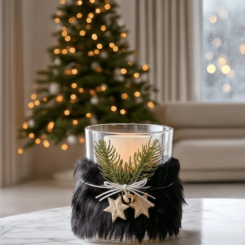 Avery Petite Black Feathered Festive Glass Candle Holder