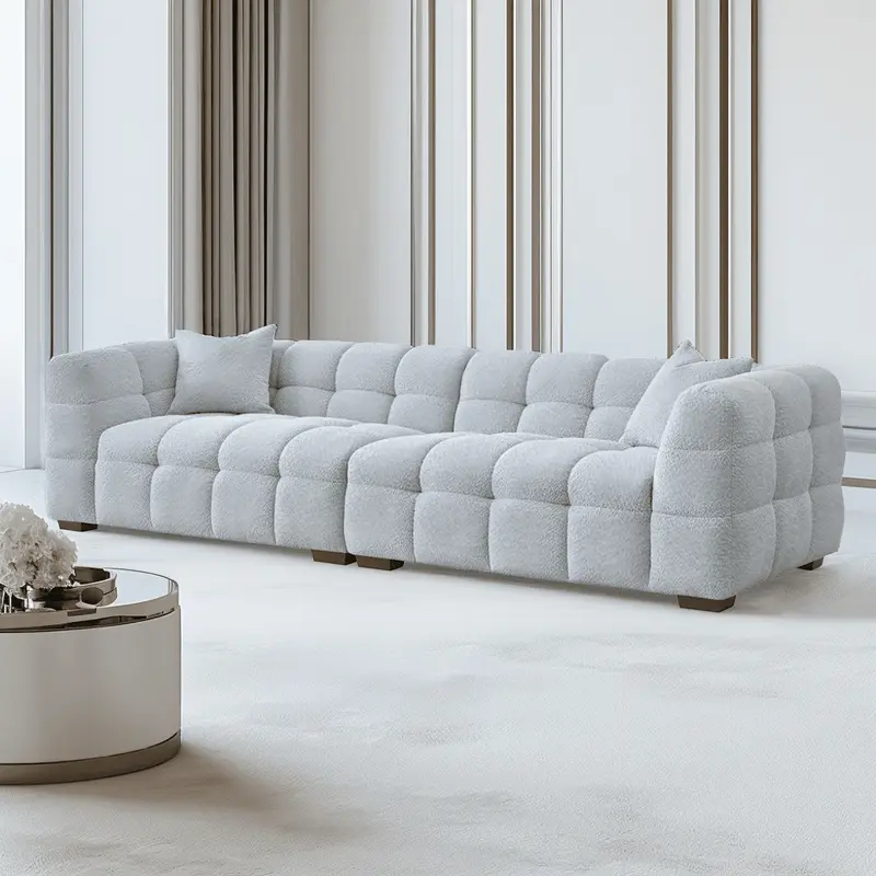 Bubble Tufted Pearl Grey Boucle 4 Seater Sofa