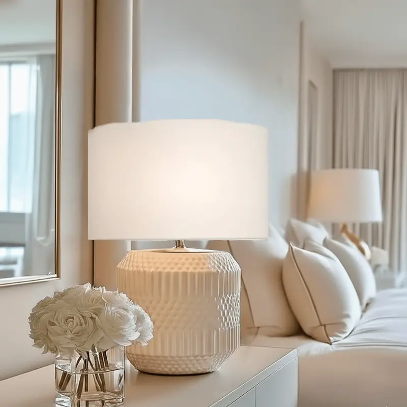 Candar White Geometric Textured Ceramic Table Lamp