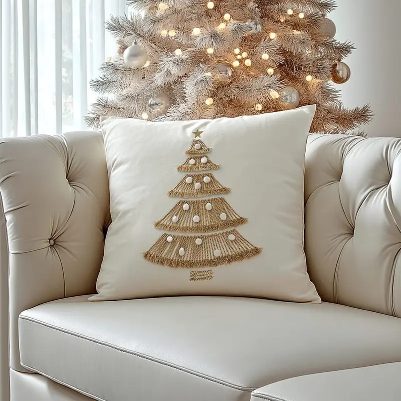 Cream & Gold Luxury Christmas Tree Cushion with Fringe Detailing - 45x45cm