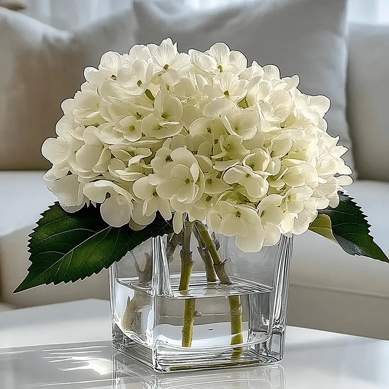 Faux Cream Hydrangeas Floral Arrangement in Square Glass Vase