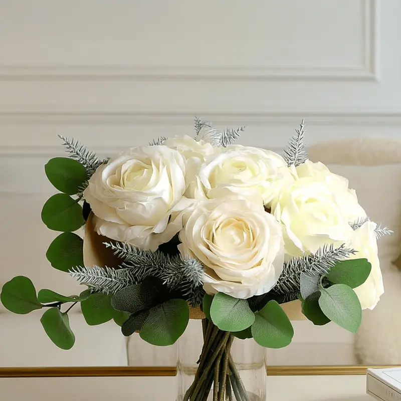 Faux Eucalyptus & Cream Roses Bouquet