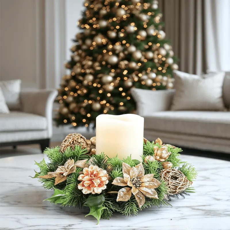 Faux Gold Poinsettia & Pinecone Decorative Candle Ring