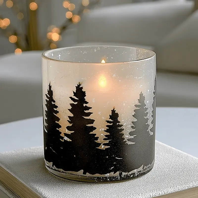Frosted Glass & Black Medium Tree Print Candle Holder