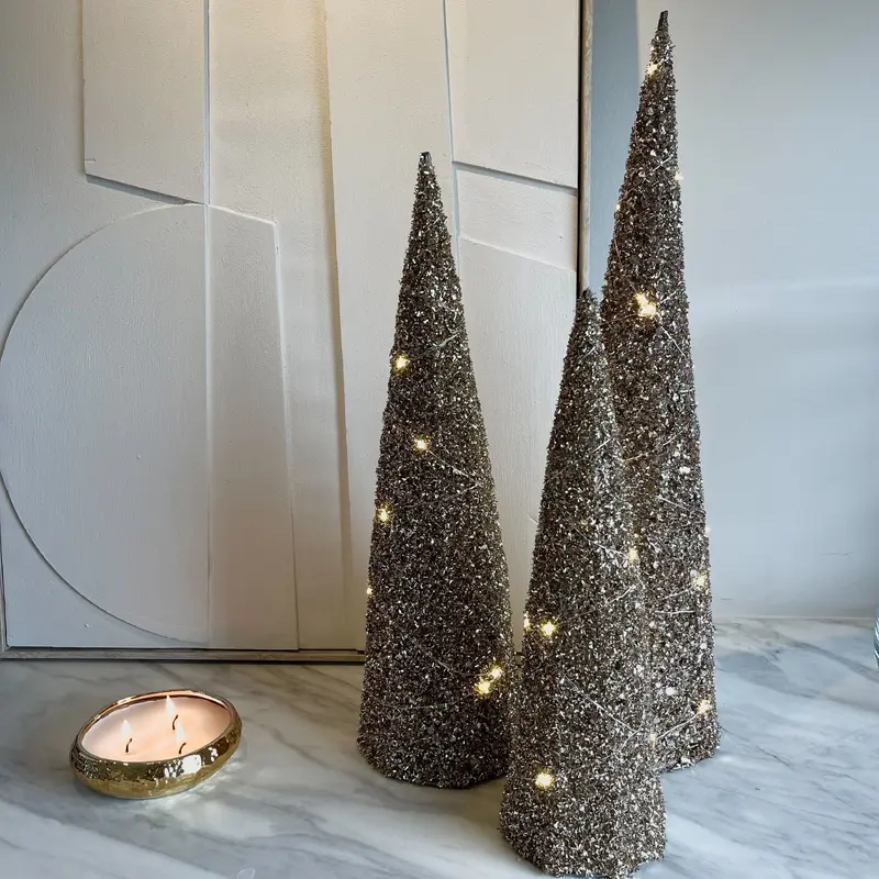 Gold Glittered LED Decorative Tree Ornaments - Set of 3